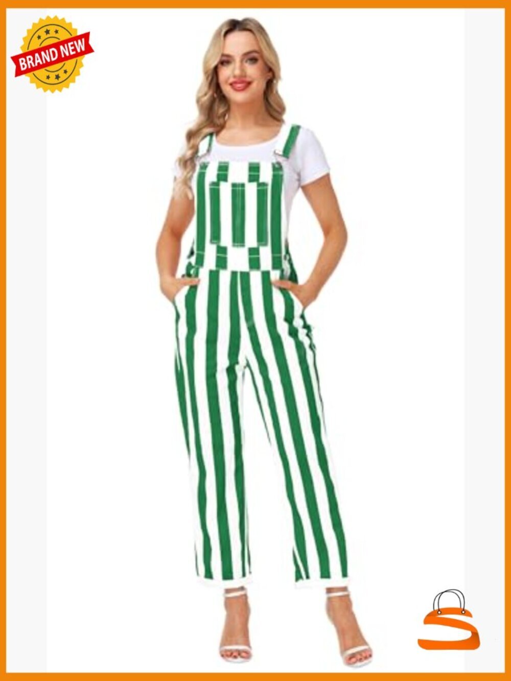 Striped Denim Overalls Stretch Cotton Jumpsuit Adjustable Straps - Picture 4 of 7